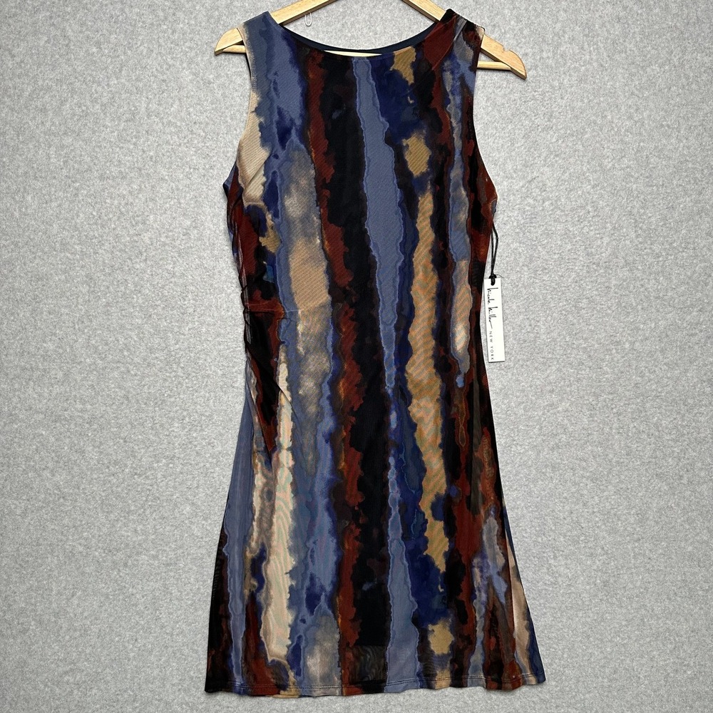 Nicole Miller Womens 8 Mesh Ruched Sheath Dress Abstract Blue Rust 90s Y2K Style